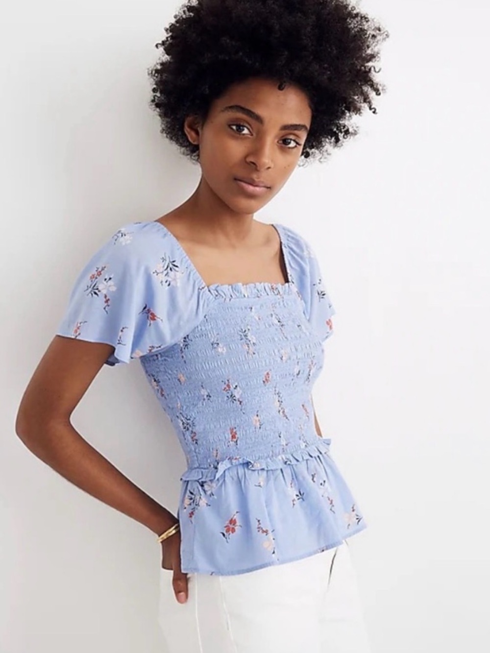 Madewell Light Blue Floral Smocked Peplum Top